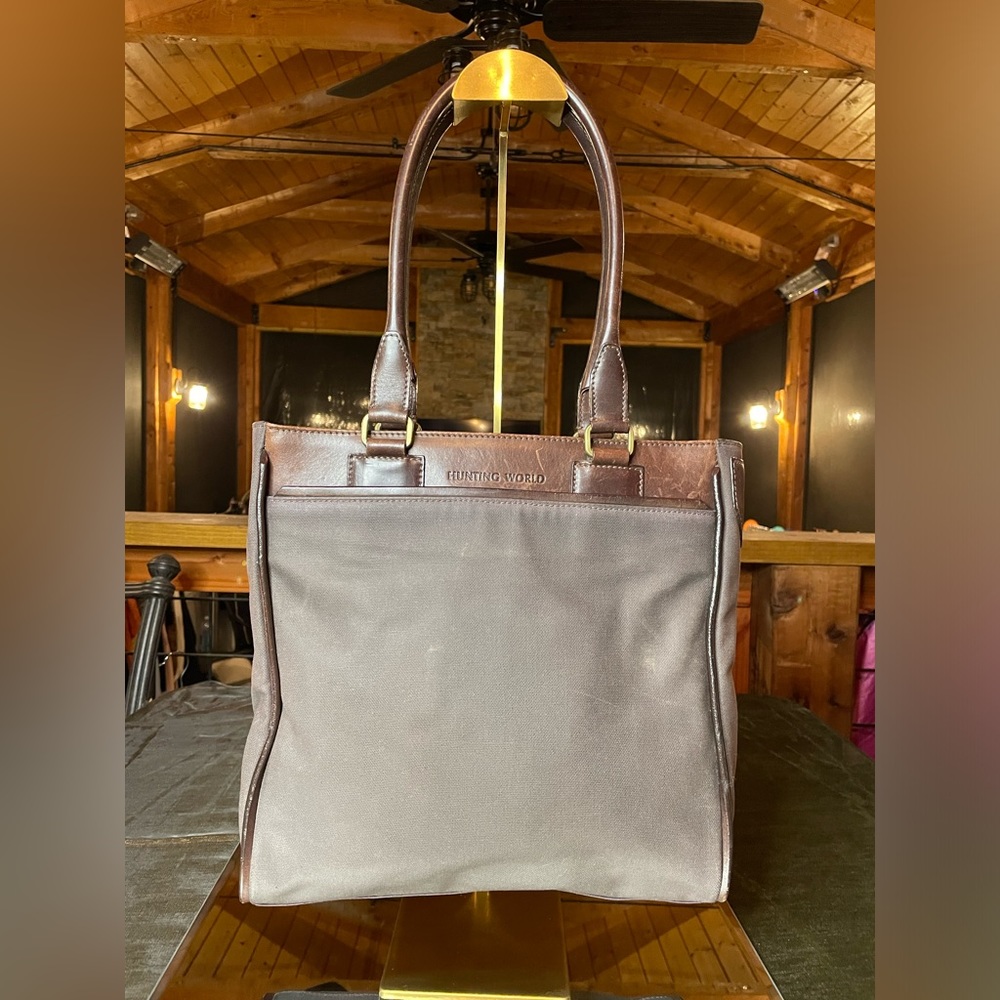Hunting World Brown canvas and leather tote/shoulder bag with a surprise inside!